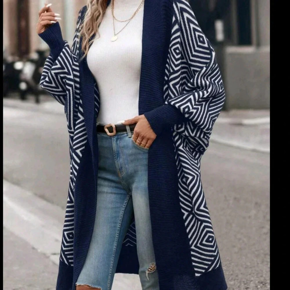 Geometric Pattern Casual Long Sleeve Cardigan, - Picture 4 of 5